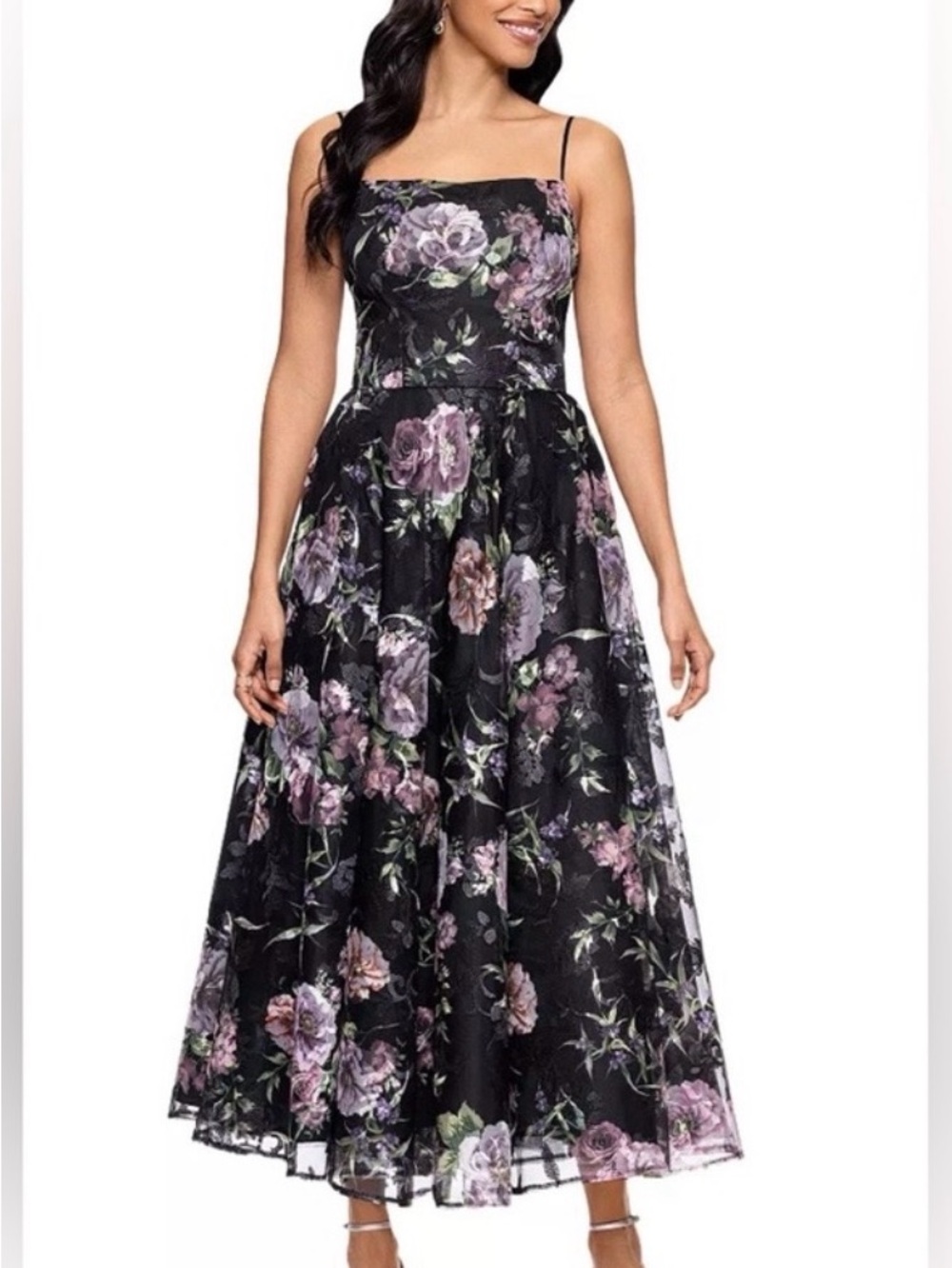Betsy & Adam Black Floral Square-Neck Midi Dress with Lavender and Pink Blooms